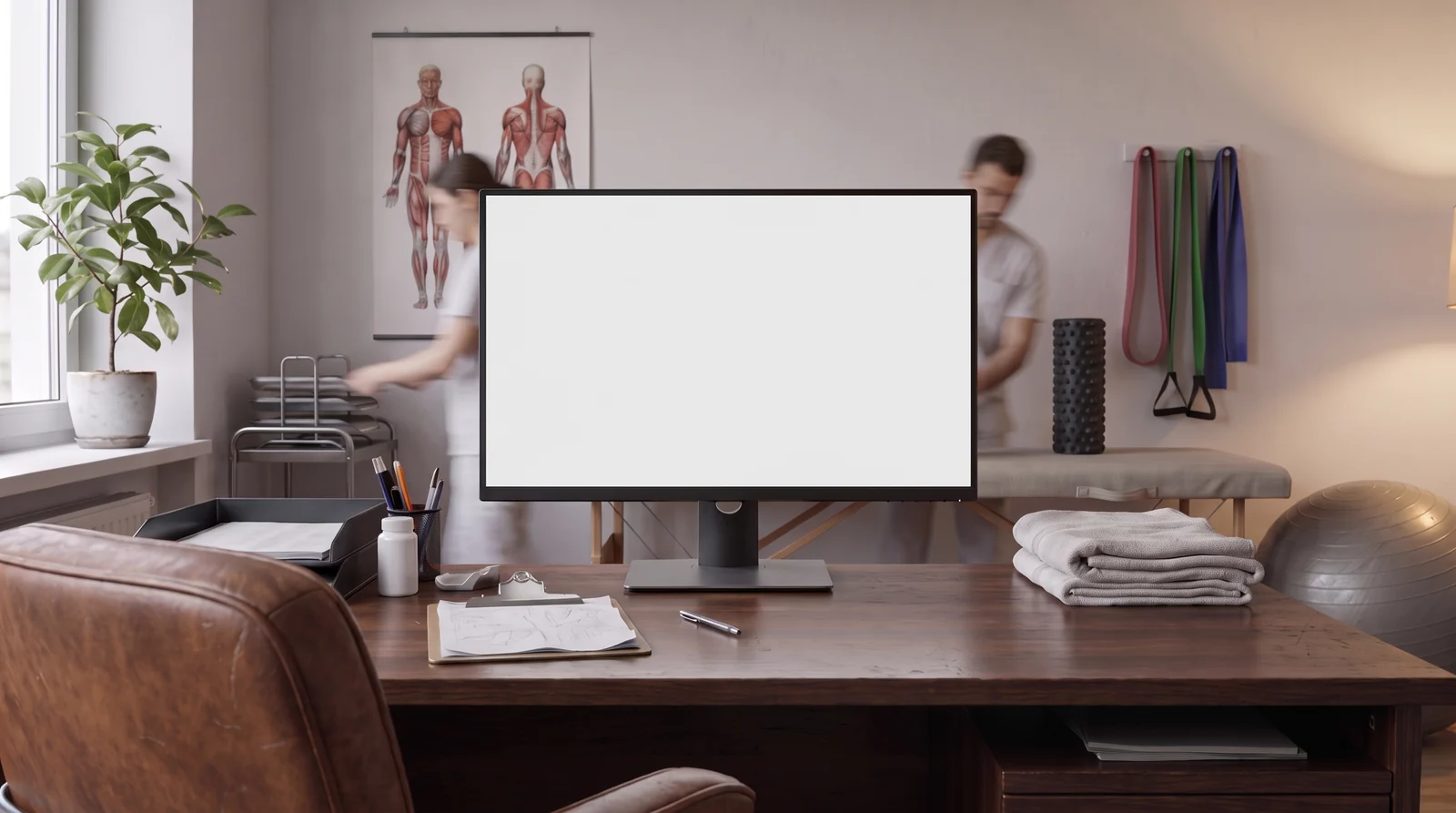 Ein Website-Konzept auf dem Monitor einer hellen Physiotherapiepraxis